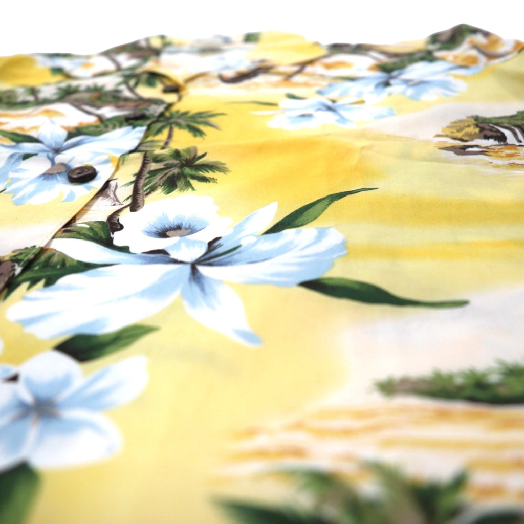 Camicia Aloha KY'S scollo aperto taglia S giallo cotone motivo ibisco hawaiano (USA)