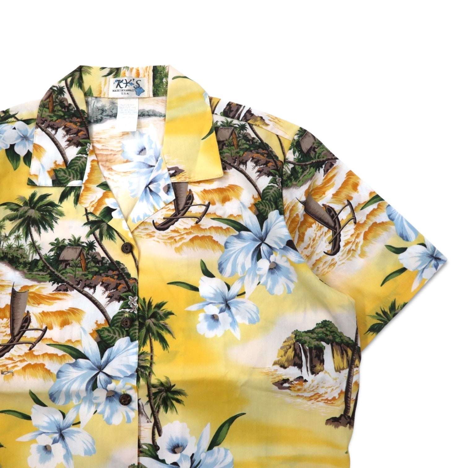 Camicia Aloha KY'S scollo aperto taglia S giallo cotone motivo ibisco hawaiano (USA)