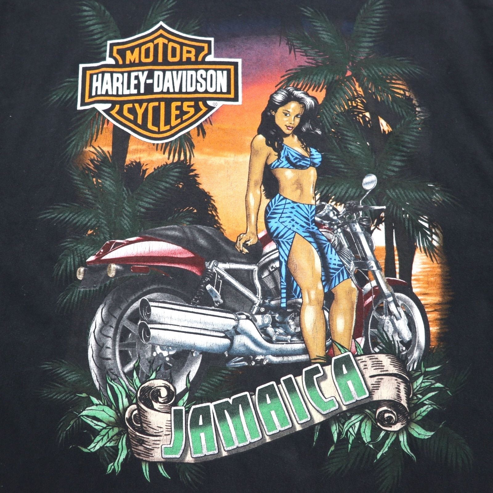 HARLEY DAVIDSON Giamaica JAMAICA Stampa Posteriore T-shirt XL Nera Pin-up