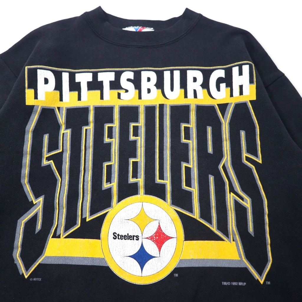 ARTEX Made in USA anni '90 NFL Stampa Felpa M Nera Cotone PITTSBURGH STEELERS