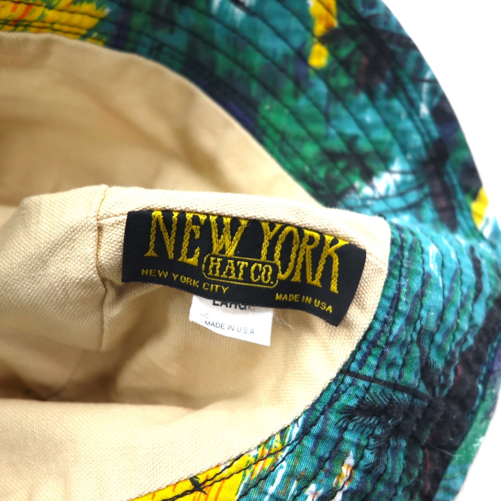 NEW YORK HAT Co. Cappello a secchiello con motivo a spiaggia Made in USA, taglia L, verde, fantasia all-over, cotone