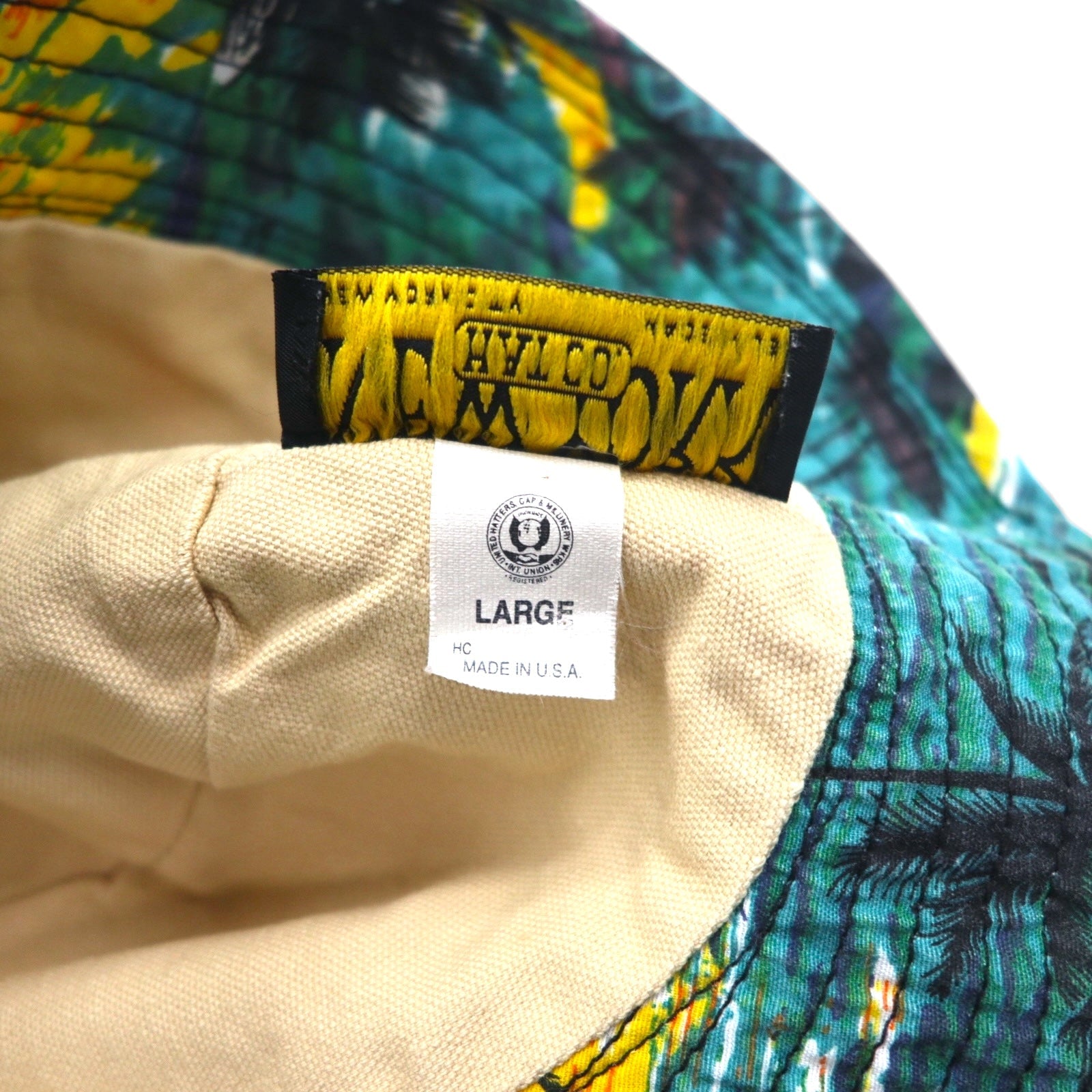 NEW YORK HAT Co. Cappello a secchiello con motivo a spiaggia Made in USA, taglia L, verde, fantasia all-over, cotone