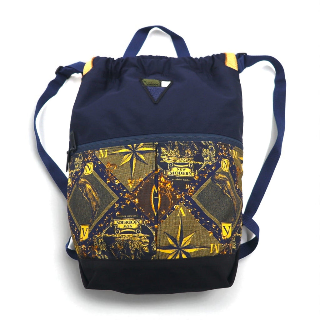 yoshio kubo × MSPC (MASTER PIECE) Zaino a sacco con coulisse, blu navy, in nylon e pelle, Made in Japan