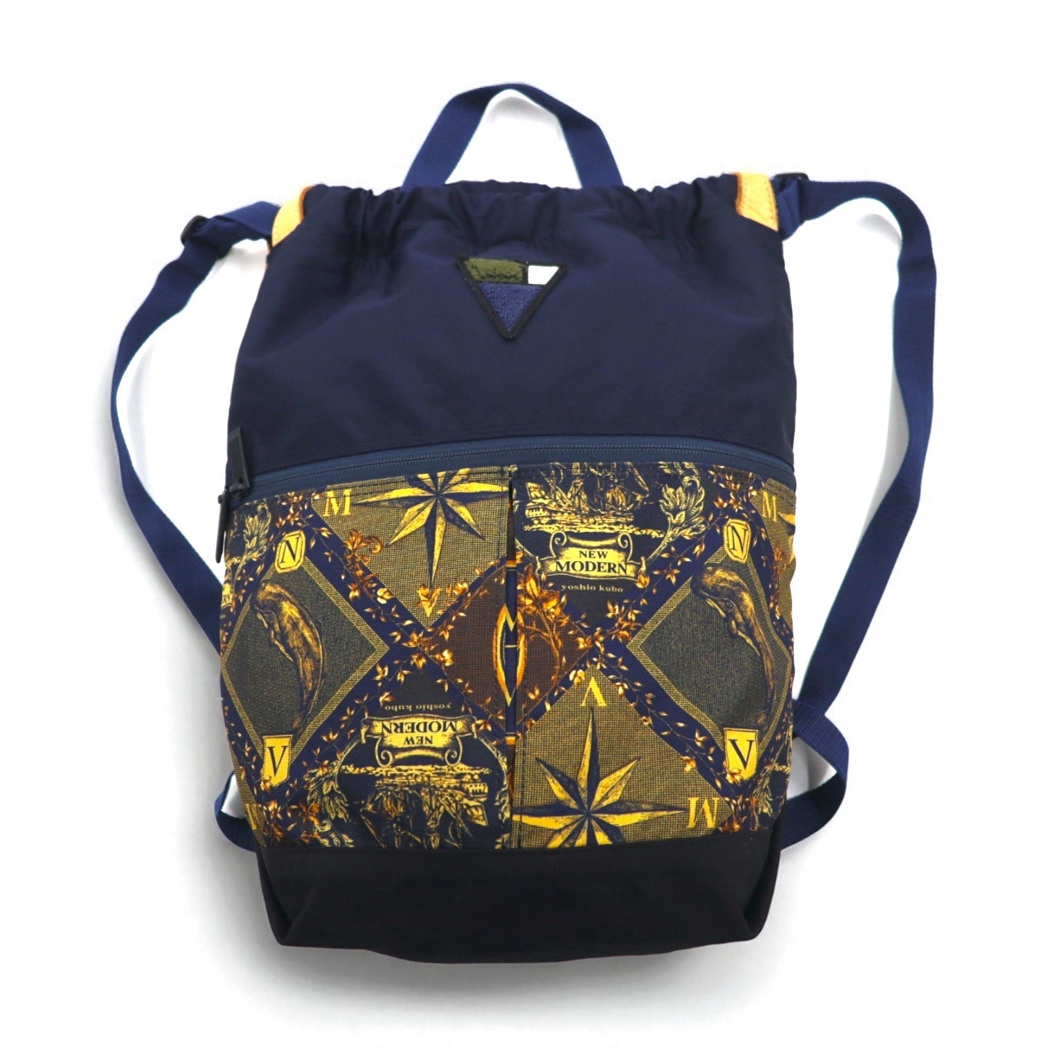 yoshio kubo × MSPC (MASTER PIECE) Zaino a sacco con coulisse, blu navy, in nylon e pelle, Made in Japan