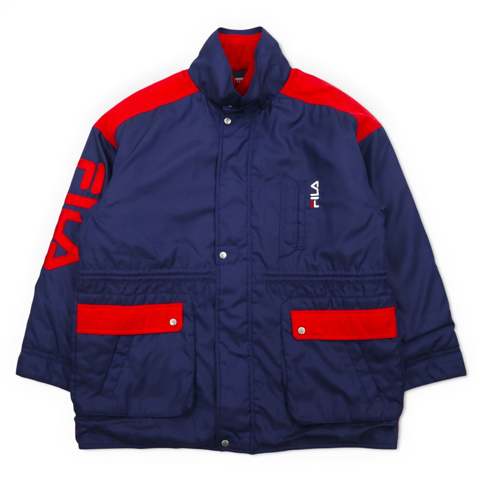 FILA Giacca a vela anni '90, XL, blu navy, poliestere, coulisse, fodera trapuntata