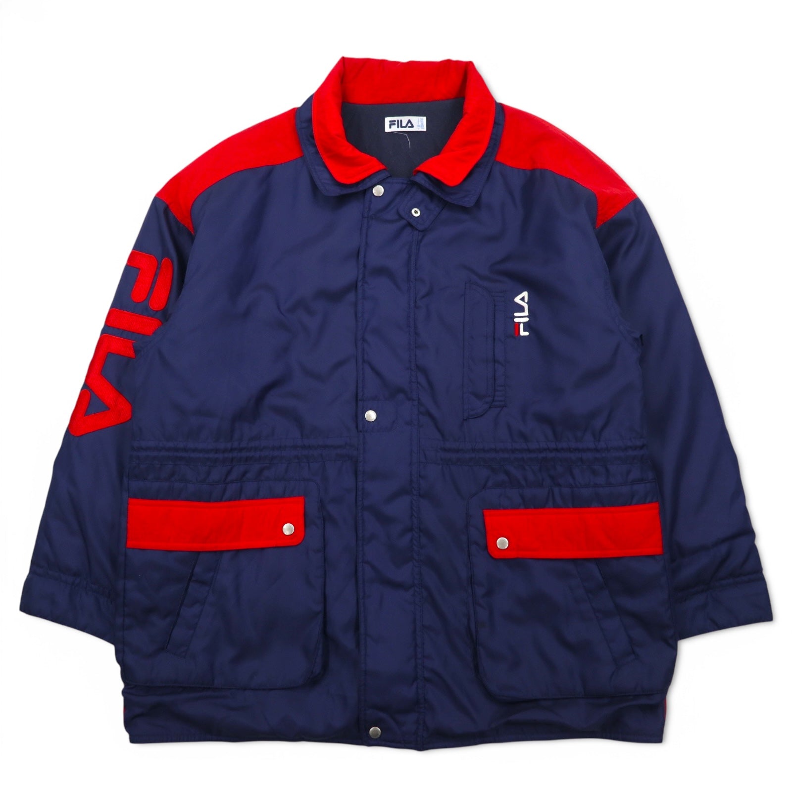 FILA Giacca a vela anni '90, XL, blu navy, poliestere, coulisse, fodera trapuntata