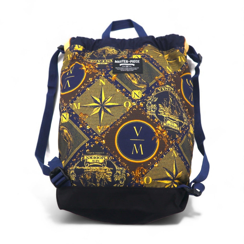 yoshio kubo × MSPC (MASTER PIECE) Zaino a sacco con coulisse, blu navy, in nylon e pelle, Made in Japan