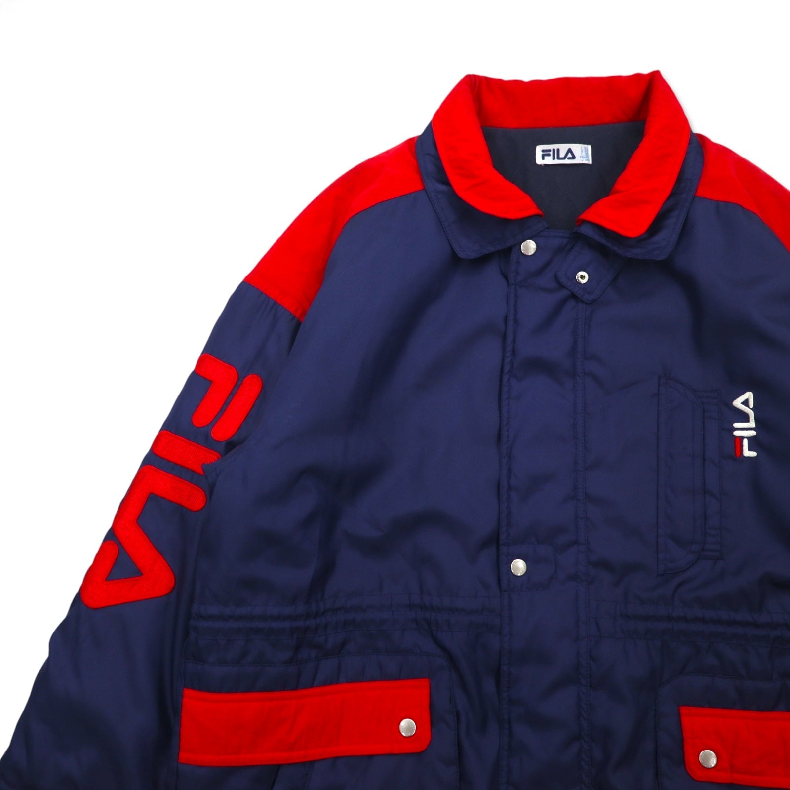 FILA Giacca a vela anni '90, XL, blu navy, poliestere, coulisse, fodera trapuntata