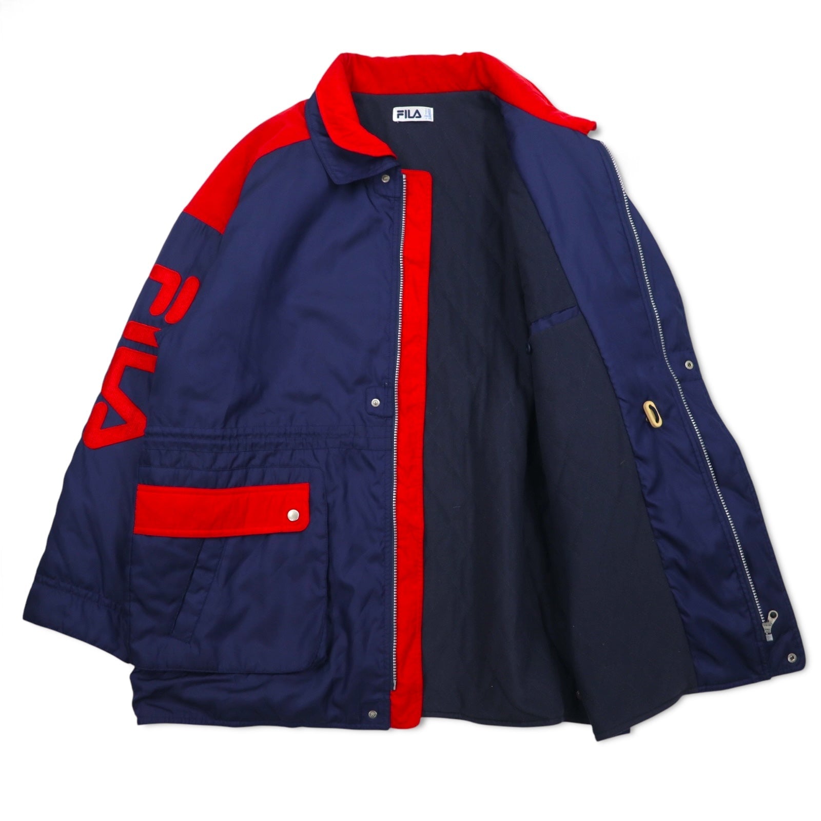 FILA Giacca a vela anni '90, XL, blu navy, poliestere, coulisse, fodera trapuntata