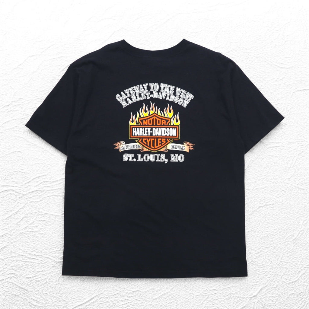 HARLEY DAVIDSON anni 2000 Prodotto negli USA Maglietta con stampa teschio e fiamme 2XL Nera Cotone ST LOUIS MO