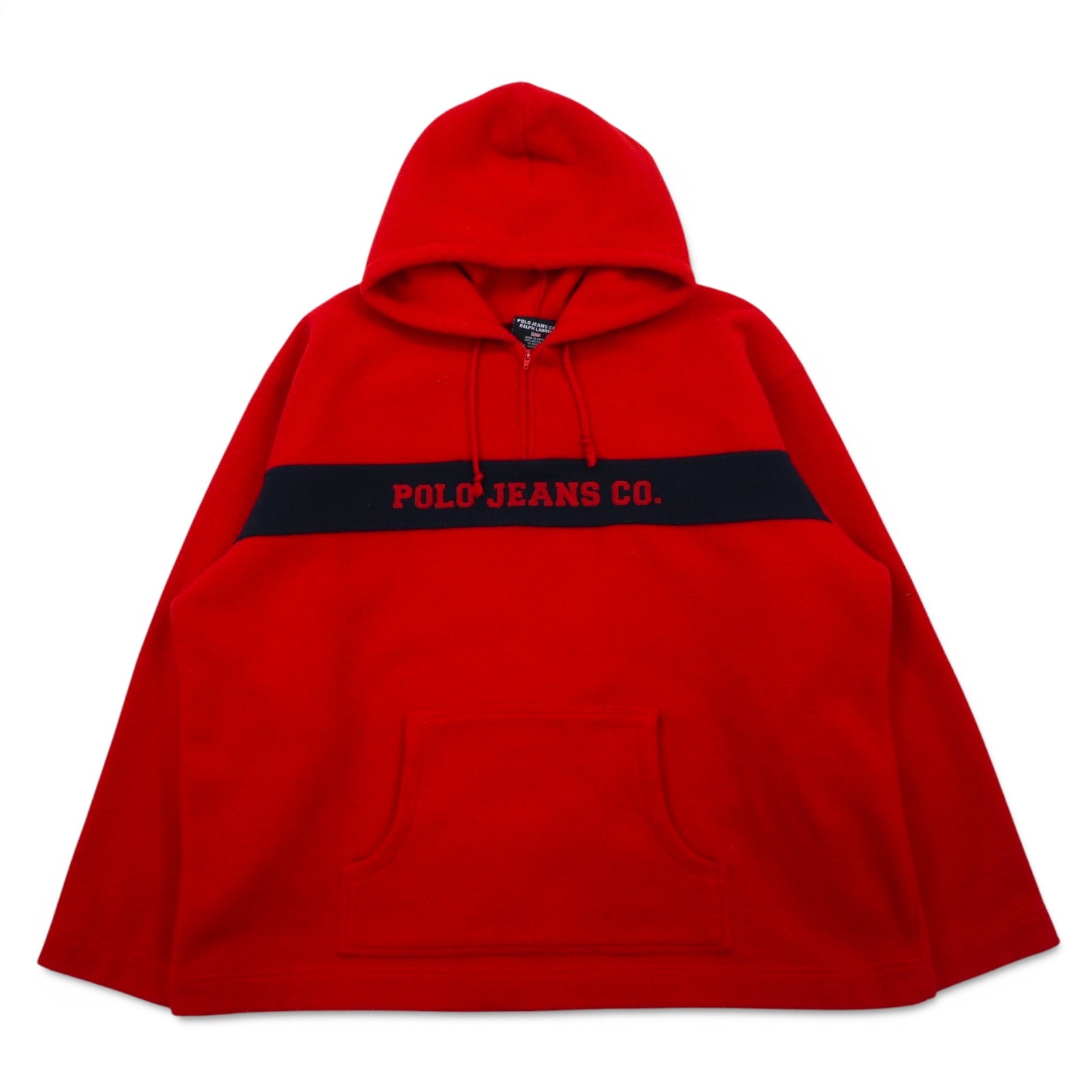 POLO JEANS CO. RALPH LAUREN pile con mezza cerniera e cappuccio anni '90, taglia XL, rosso, poliestere, logo