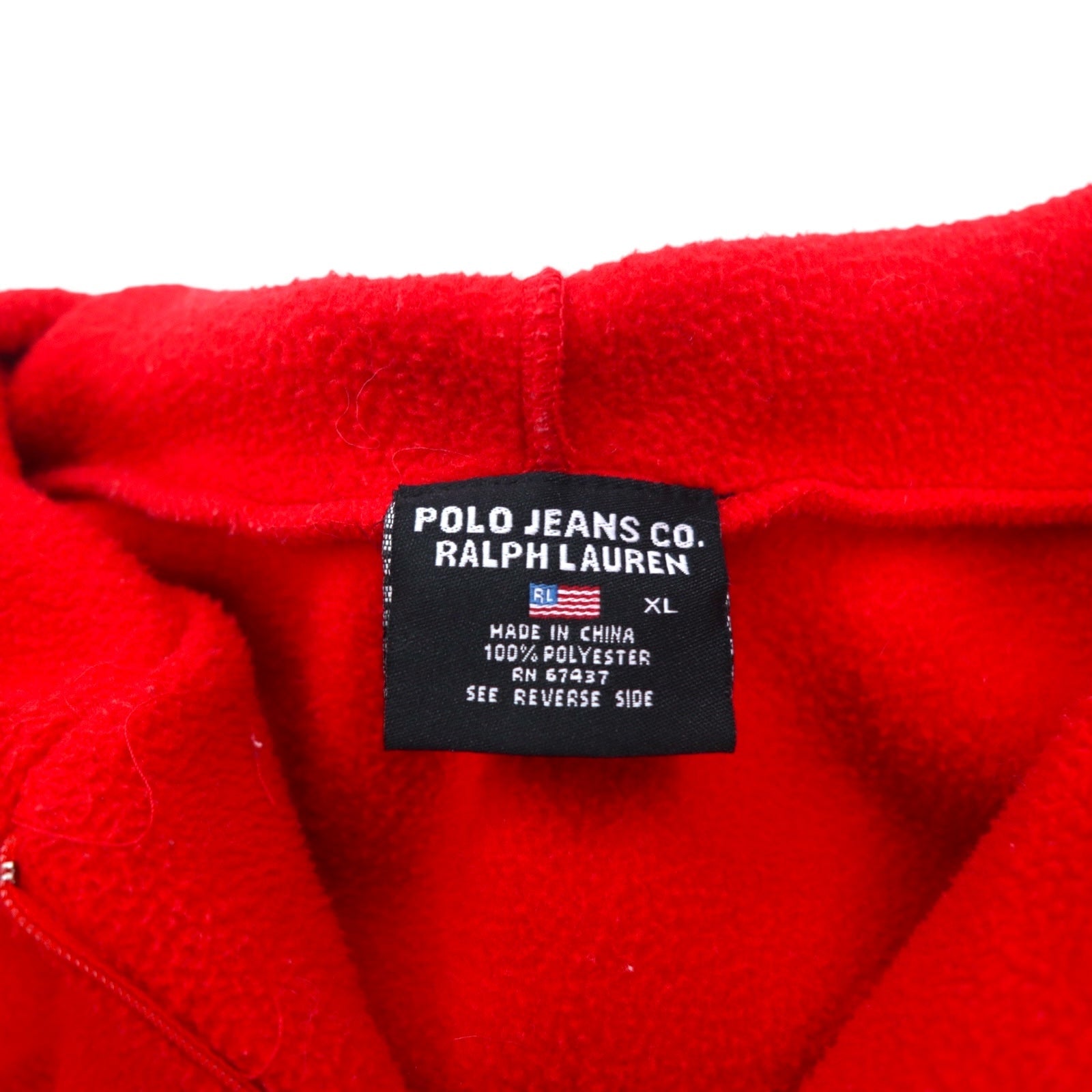 POLO JEANS CO. RALPH LAUREN pile con mezza cerniera e cappuccio anni '90, taglia XL, rosso, poliestere, logo