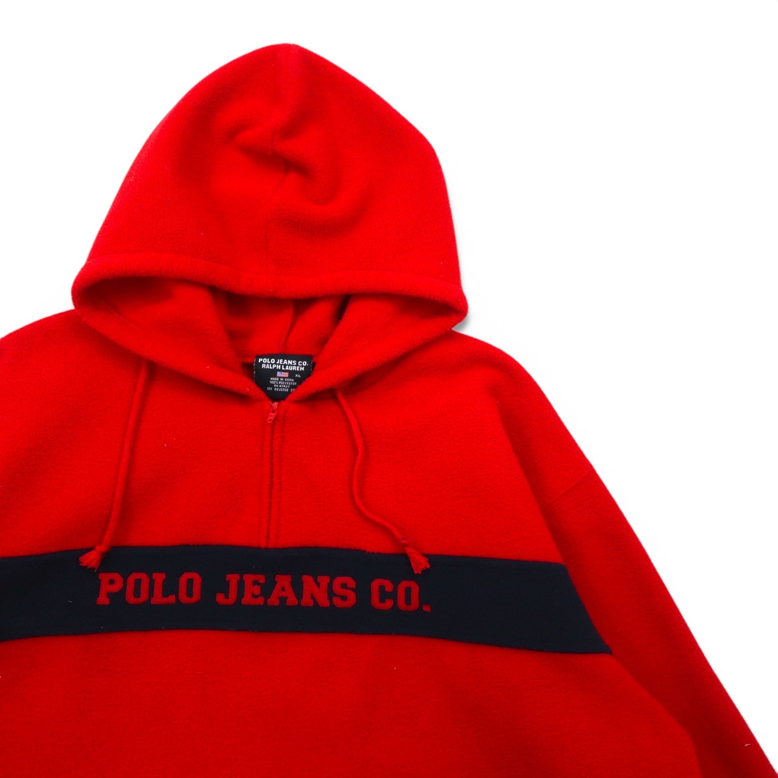 POLO JEANS CO. RALPH LAUREN pile con mezza cerniera e cappuccio anni '90, taglia XL, rosso, poliestere, logo