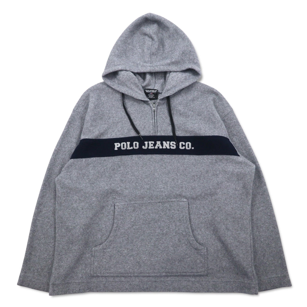 POLO JEANS CO. RALPH LAUREN pile in pile degli anni '90 con cerniera a mezza lunghezza, con cappuccio, taglia L, colore grigio, in poliestere, con logo