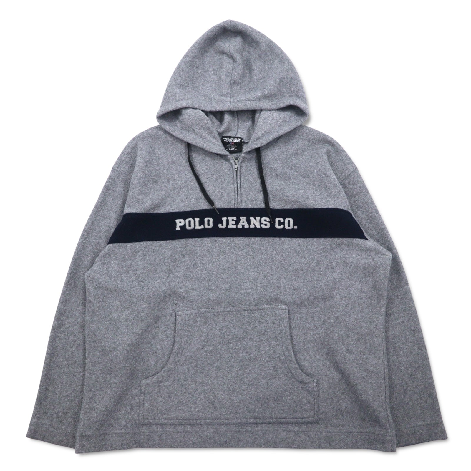 POLO JEANS CO. RALPH LAUREN pile in pile degli anni '90 con cerniera a mezza lunghezza, con cappuccio, taglia L, colore grigio, in poliestere, con logo