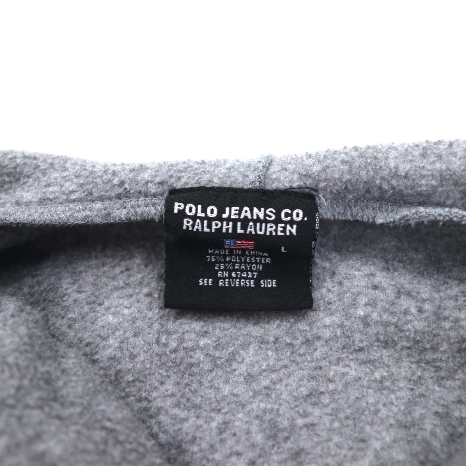 POLO JEANS CO. RALPH LAUREN pile in pile degli anni '90 con cerniera a mezza lunghezza, con cappuccio, taglia L, colore grigio, in poliestere, con logo