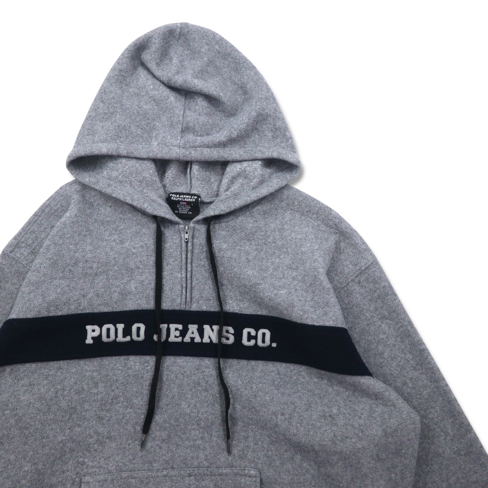 POLO JEANS CO. RALPH LAUREN pile in pile degli anni '90 con cerniera a mezza lunghezza, con cappuccio, taglia L, colore grigio, in poliestere, con logo