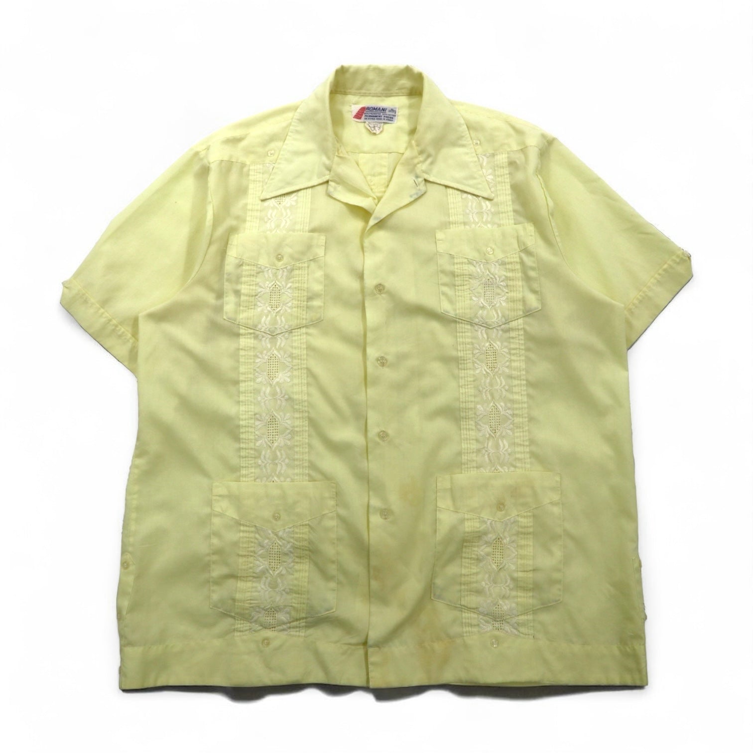 ROMANI anni '80 Camicia cubana Boxy XL Giallo Poliestere Cotone Ricamo