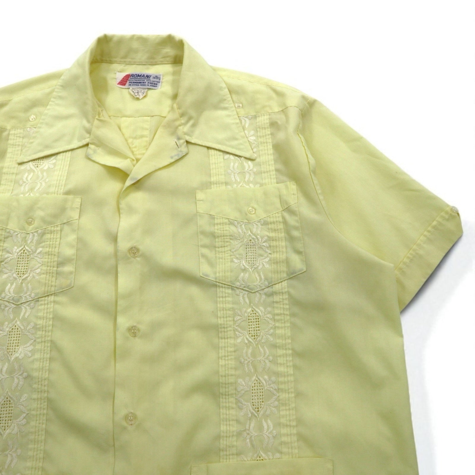 ROMANI anni '80 Camicia cubana Boxy XL Giallo Poliestere Cotone Ricamo