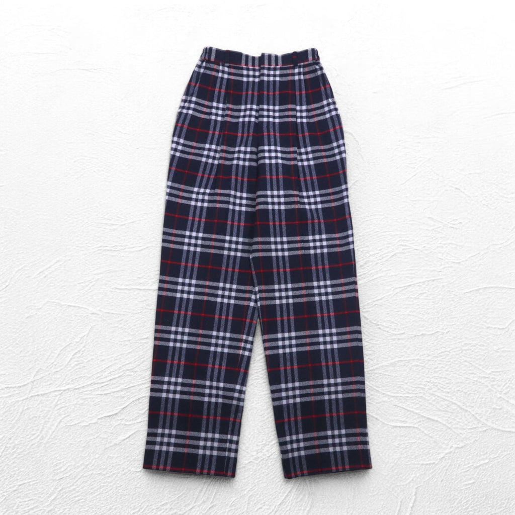 Burberrys Pantaloni facili con pieghe Nova Check M blu scuro in lana, Made in Japan