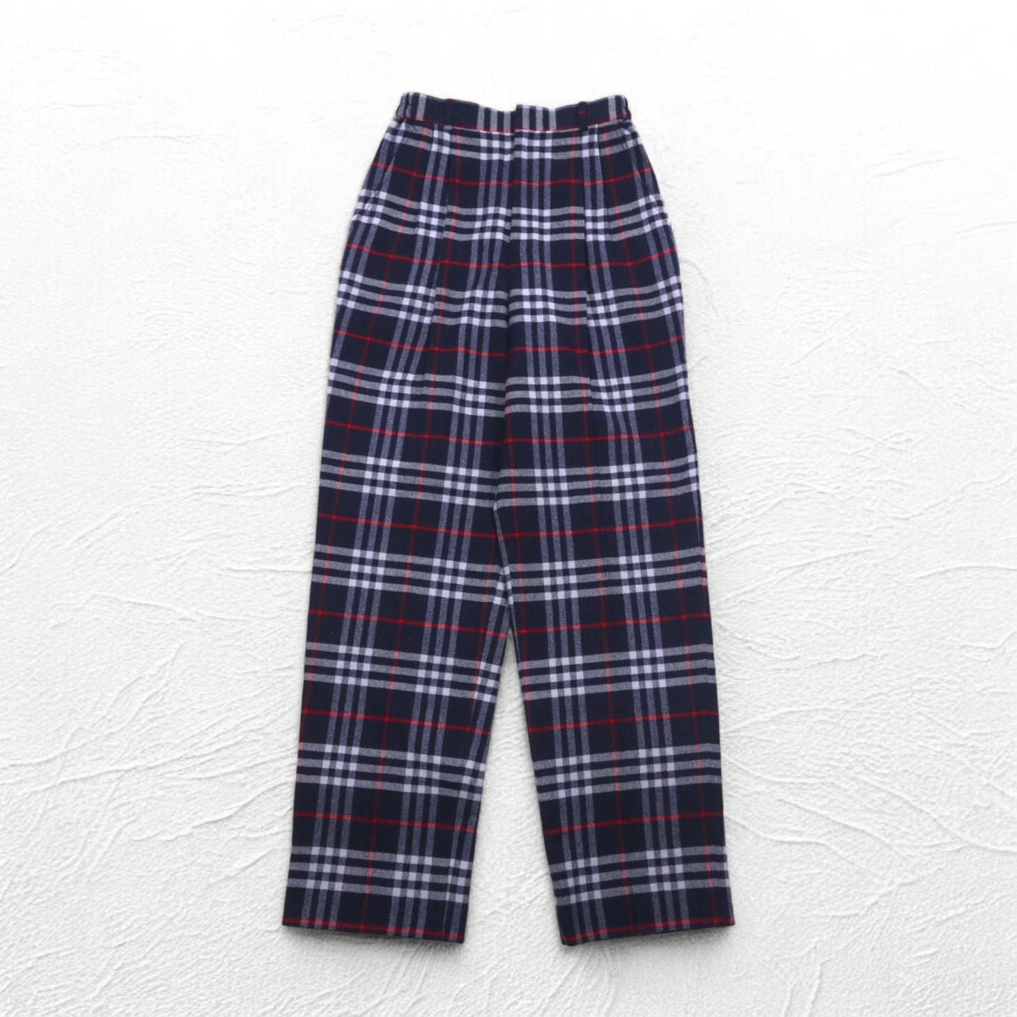 Burberrys Pantaloni facili con pieghe Nova Check M blu scuro in lana, Made in Japan