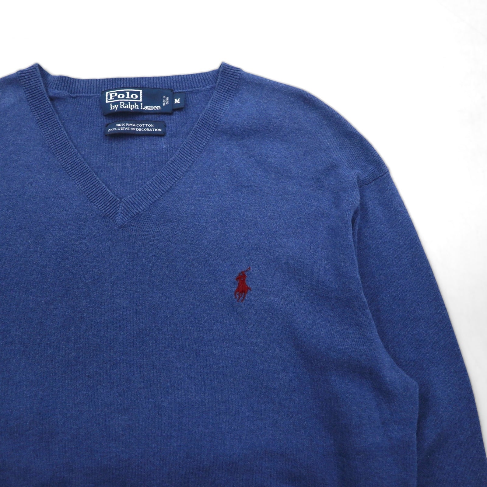 Polo Ralph Lauren 90年代 Vネック ピマコットン ニット セーター M ブルー スモールポニー刺繡