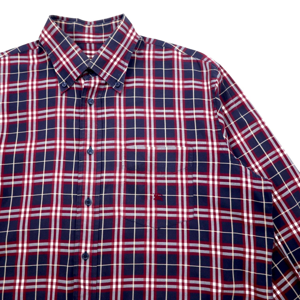 BURBERRY Camicia button-down a quadri Nova, taglia L, blu navy, cotone, logo ricamato