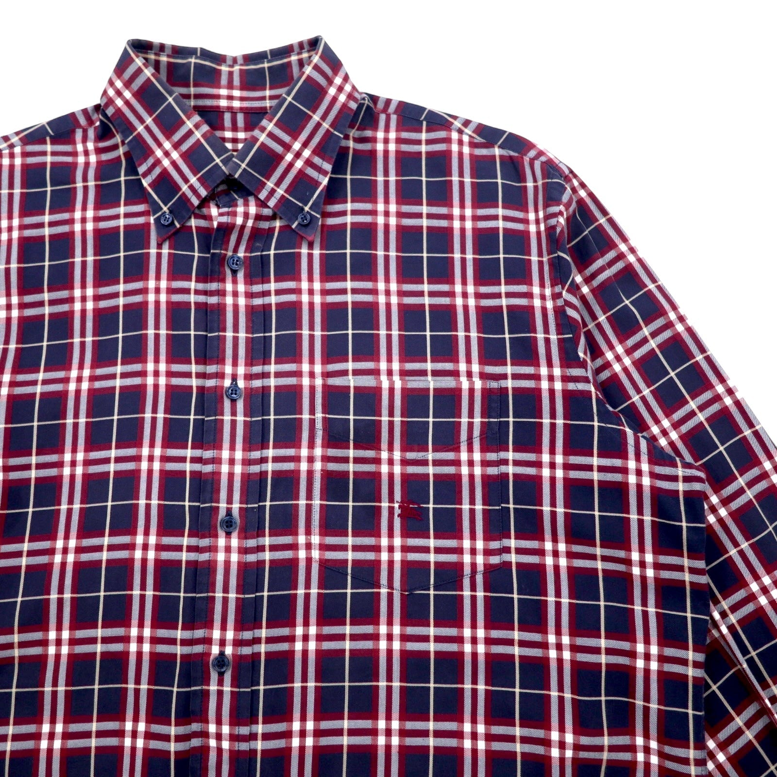 BURBERRY Camicia button-down a quadri Nova, taglia L, blu navy, cotone, logo ricamato