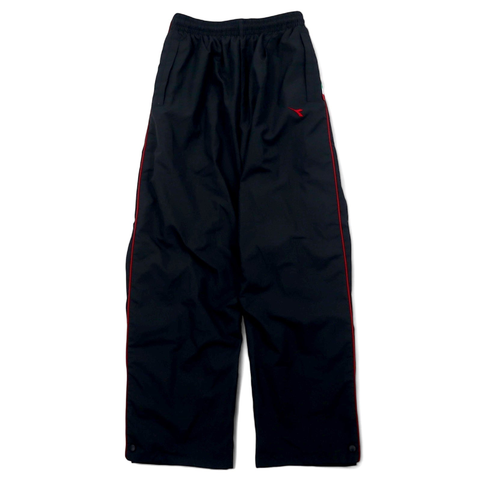 DIADORA anni '90, pantaloni della tuta, taglia L, neri, poliestere, spacchi laterali, bottoni a pressione, fodera in mesh