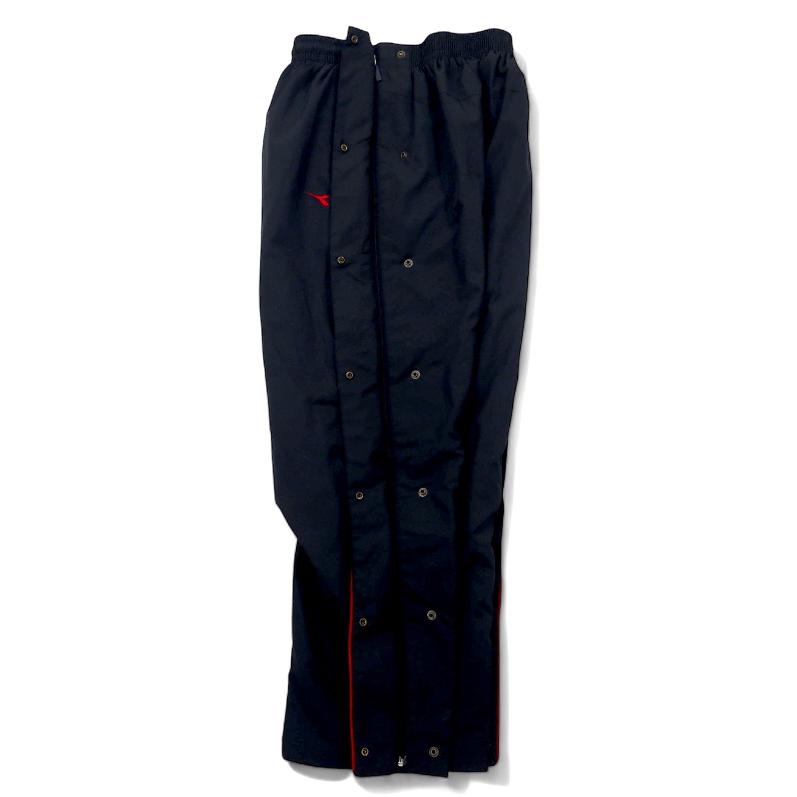 DIADORA anni '90, pantaloni della tuta, taglia L, neri, poliestere, spacchi laterali, bottoni a pressione, fodera in mesh