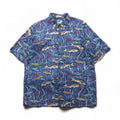 Reyn Spooner anni '80 Made in Hawaii Diamond Head Tag Aloha Shirt L Navy Cotone EGYPTIAN COTTON Motivo pesce