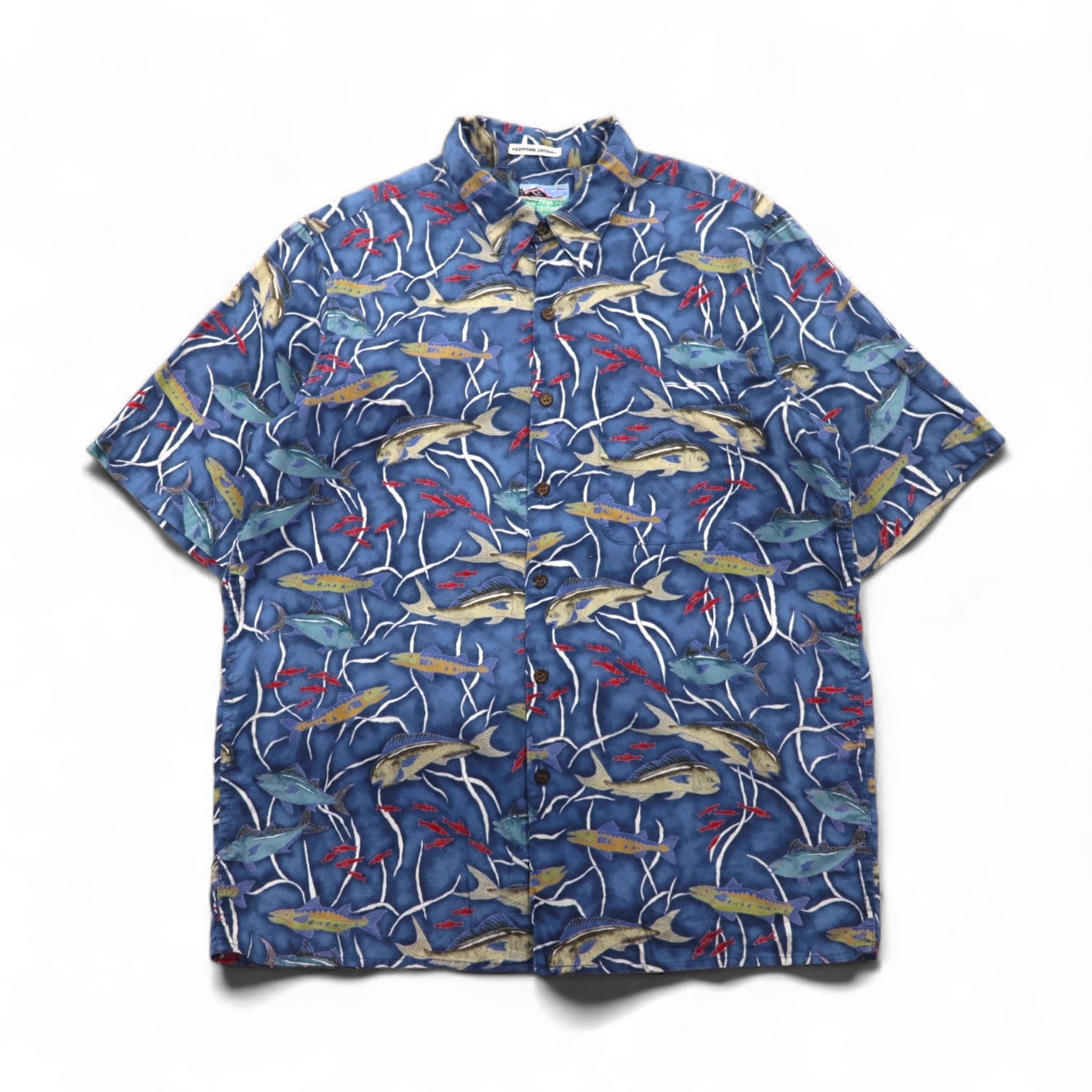 Reyn Spooner anni '80 Made in Hawaii Diamond Head Tag Aloha Shirt L Navy Cotone EGYPTIAN COTTON Motivo pesce