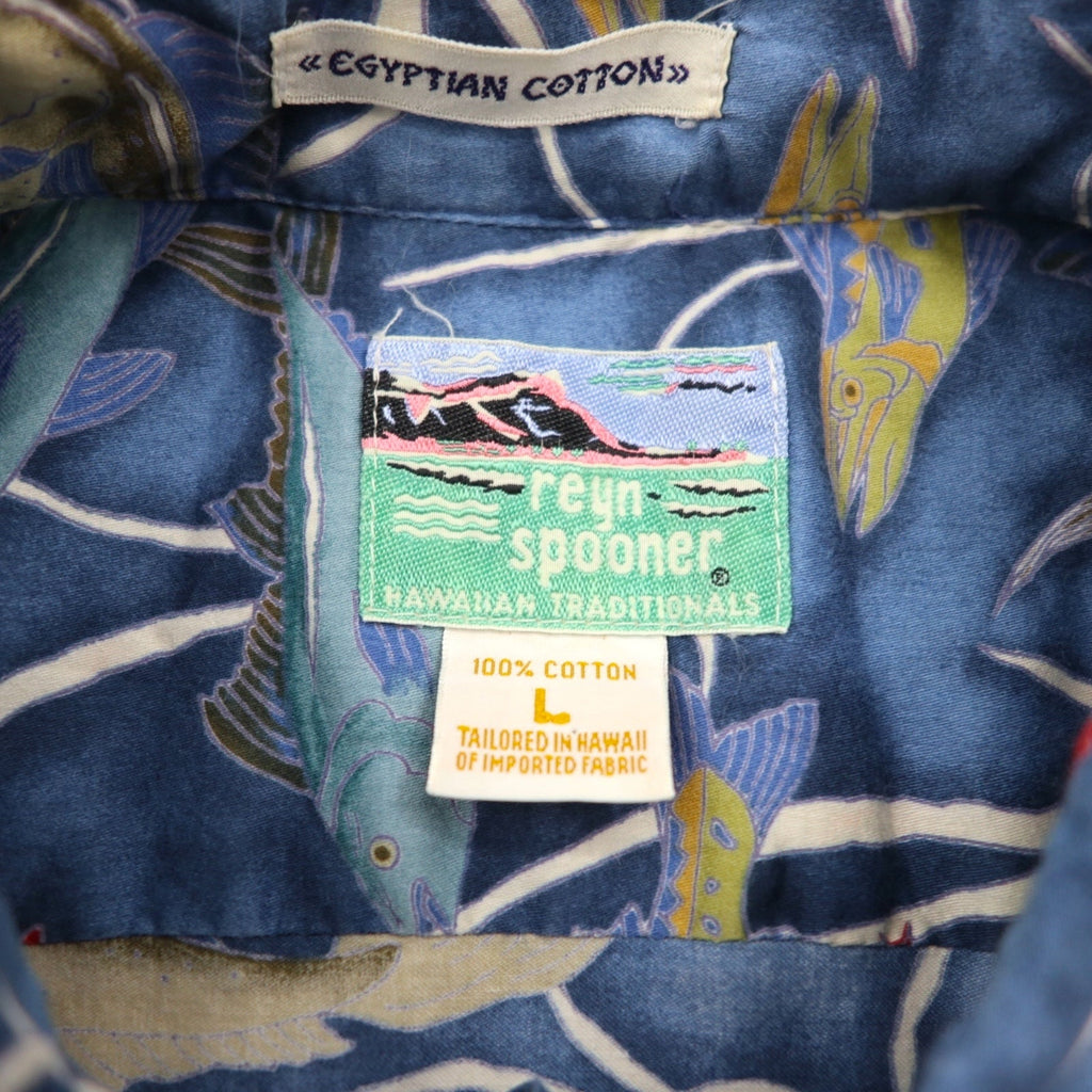 Reyn Spooner anni '80 Made in Hawaii Diamond Head Tag Aloha Shirt L Navy Cotone EGYPTIAN COTTON Motivo pesce