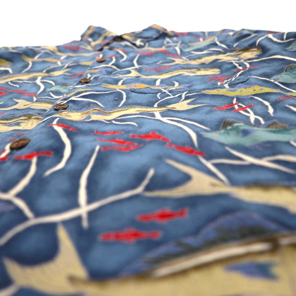 Reyn Spooner anni '80 Made in Hawaii Diamond Head Tag Aloha Shirt L Navy Cotone EGYPTIAN COTTON Motivo pesce