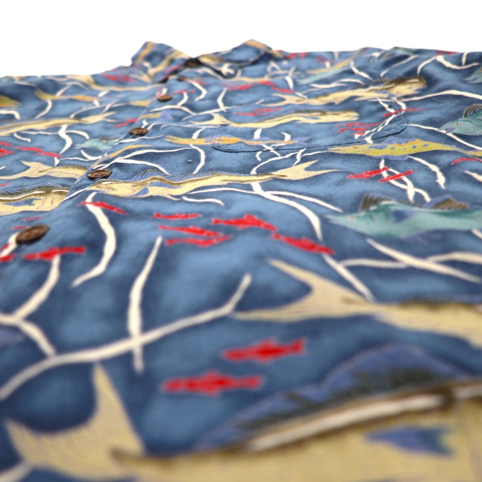 Reyn Spooner 80年代 ハワイ製 ダイアモンドヘッドタグ アロハシャツ L ネイビー コットン EGYPTIAN COTTON 魚モチーフ
