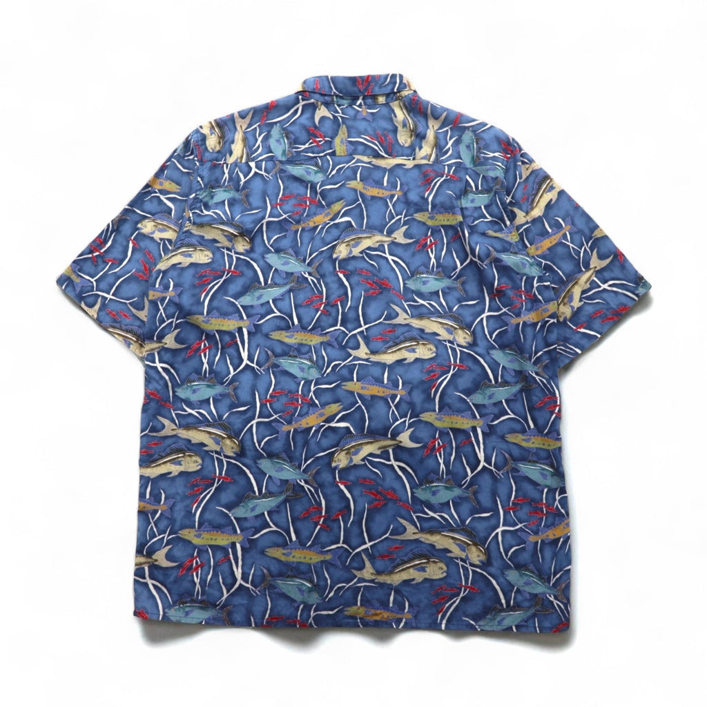 Reyn Spooner anni '80 Made in Hawaii Diamond Head Tag Aloha Shirt L Navy Cotone EGYPTIAN COTTON Motivo pesce