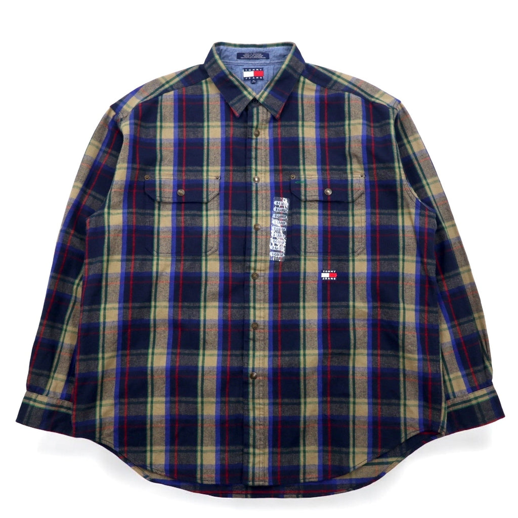 TOMMY JEANS 90年代 フランネルシャツ XL ネイビー チェック コットン スナップボタン 未使用品