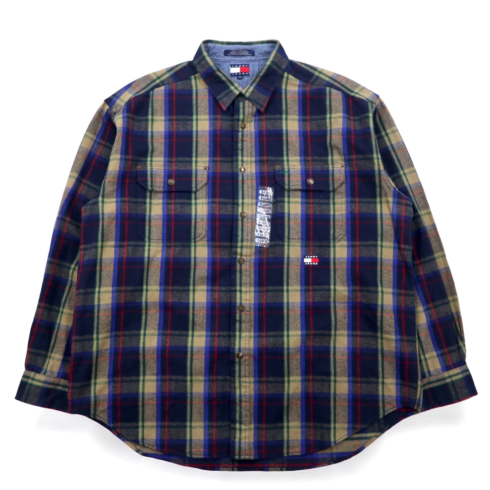 TOMMY JEANS 90年代 フランネルシャツ XL ネイビー チェック コットン スナップボタン 未使用品