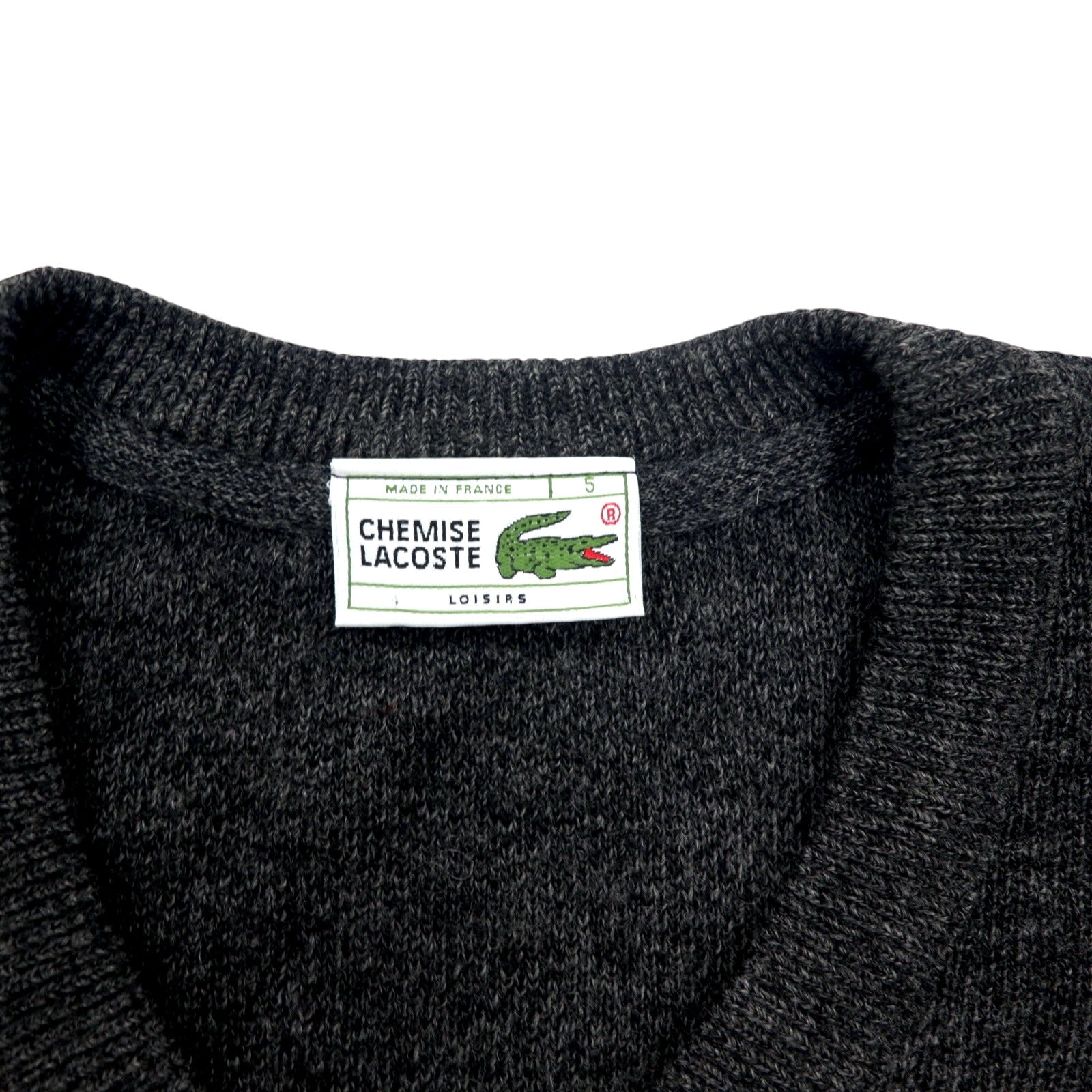 CHEMISE LACOSTE made in France anni '80 French Lacoste maglione in maglia scollo a V L grigio lana acrilico LOISIRS logo ricamato