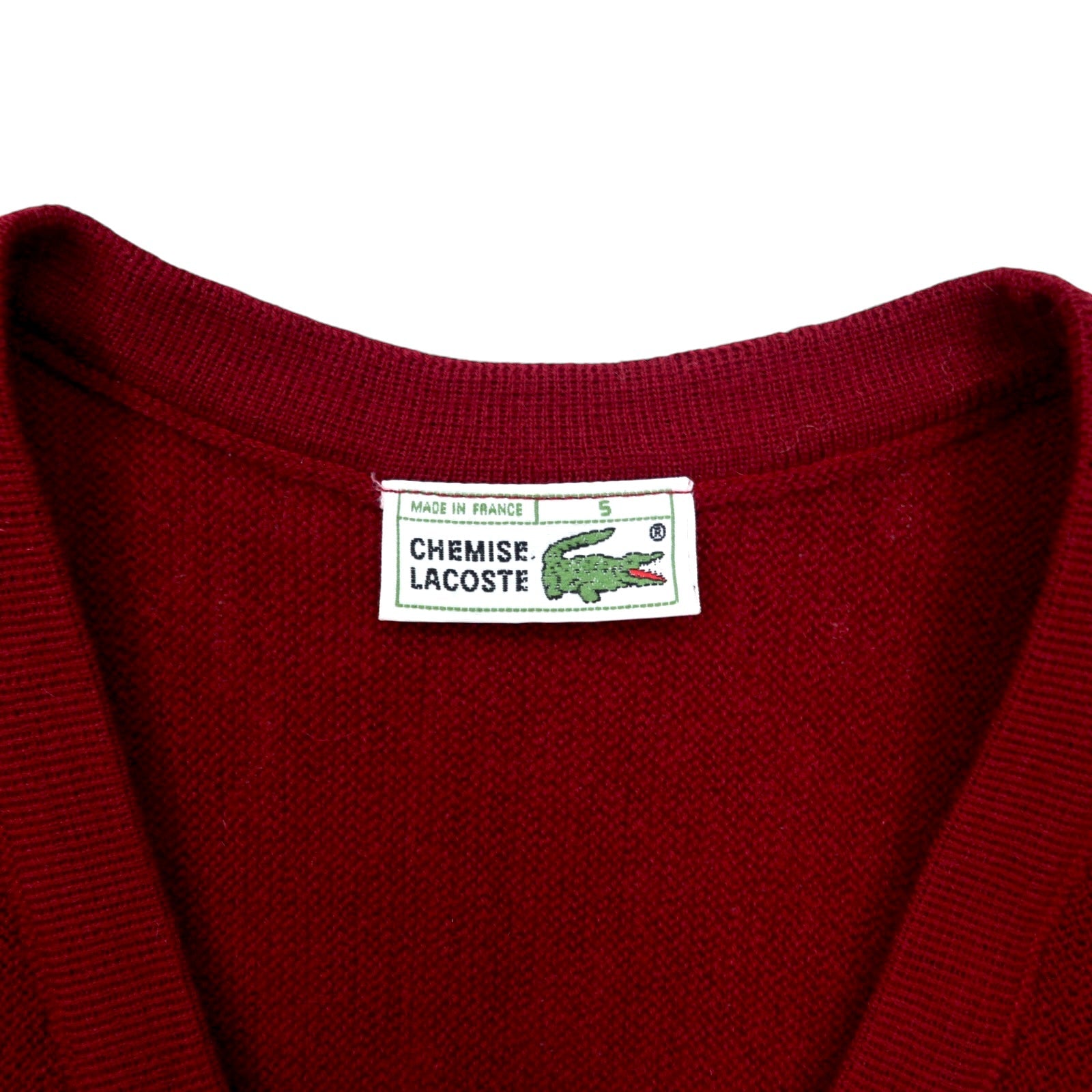 CHEMISE LACOSTE Made in France anni '80 French Lacoste maglione in maglia scollo a V taglia L rosso lana acrilico con logo