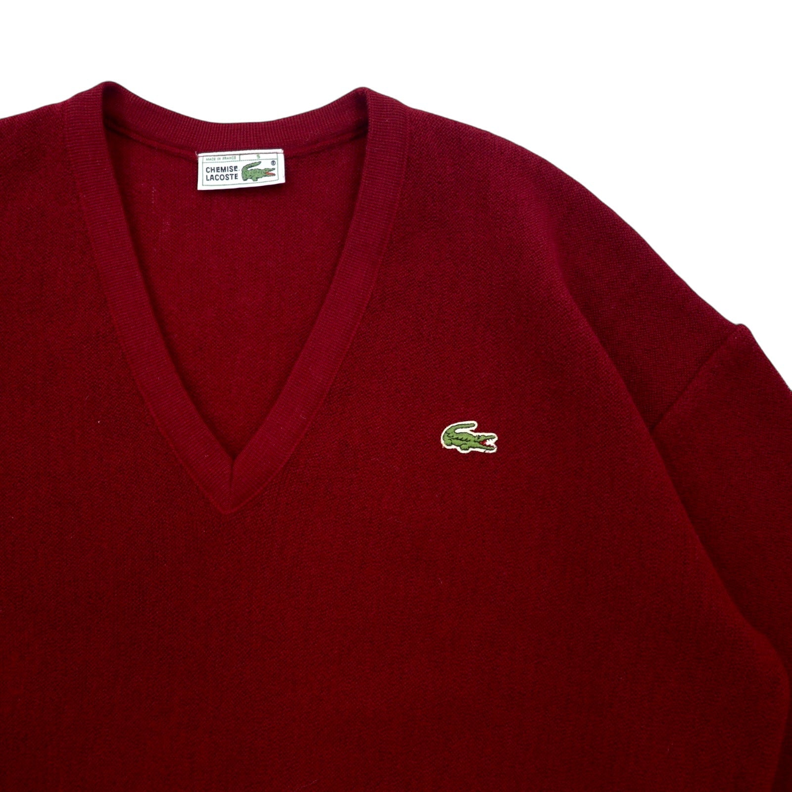 CHEMISE LACOSTE Made in France anni '80 French Lacoste maglione in maglia scollo a V taglia L rosso lana acrilico con logo