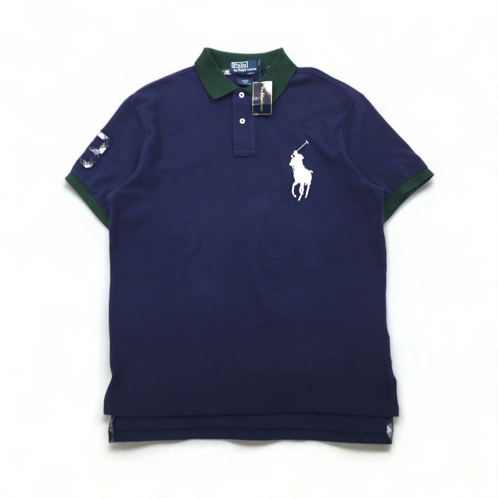Polo Ralph Lauren Anni '90 Polo con Ricamo Big Pony L Blu Navy Cotone Piqué CUSTOM FIT CLASSICS Nuovo con etichette