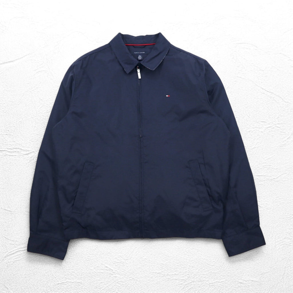 TOMMY HILFIGER Giacca Harrington con top swing, taglia XL, blu navy, nylon, fodera a quadri, logo ricamato