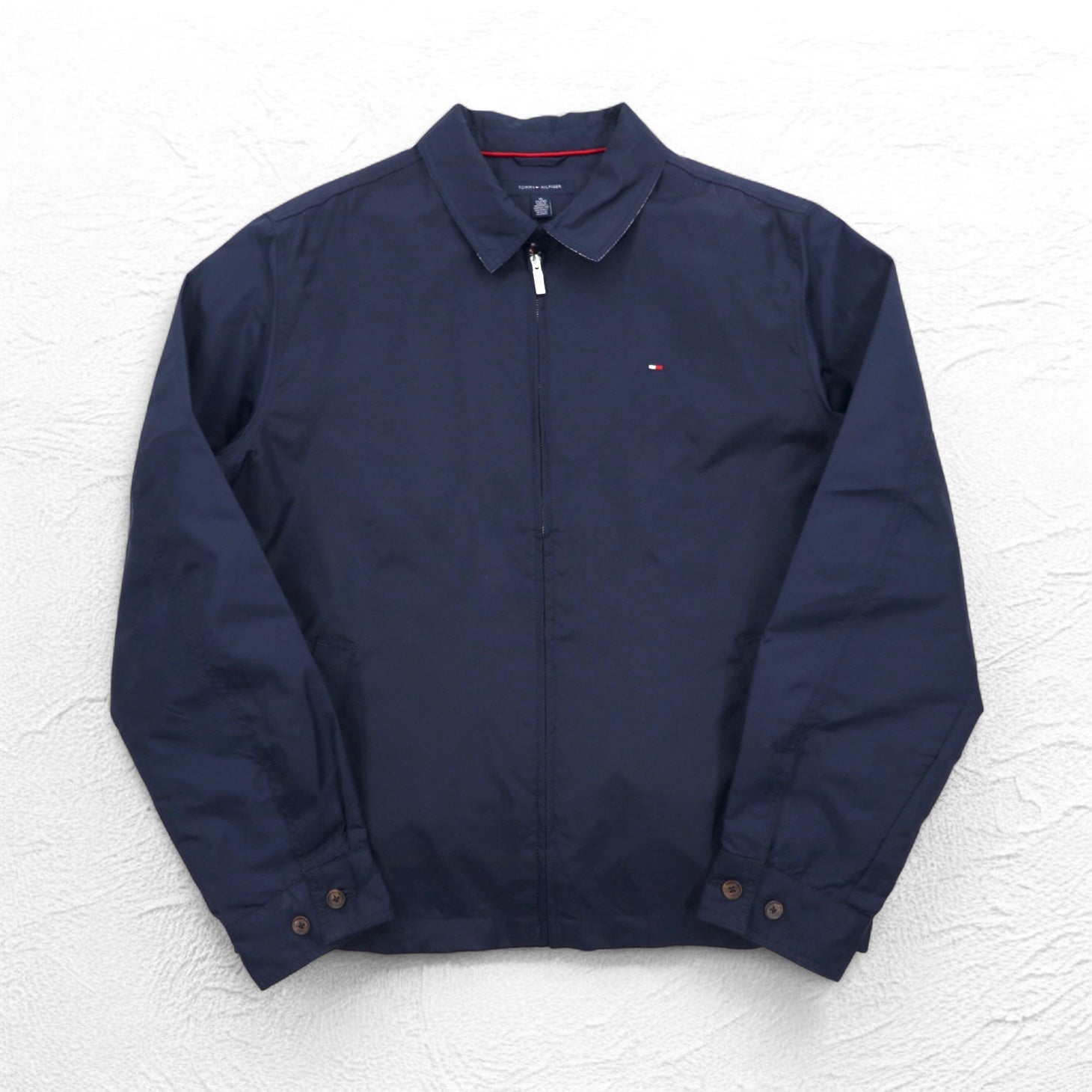 TOMMY HILFIGER Giacca Harrington con top swing, taglia XL, blu navy, nylon, fodera a quadri, logo ricamato