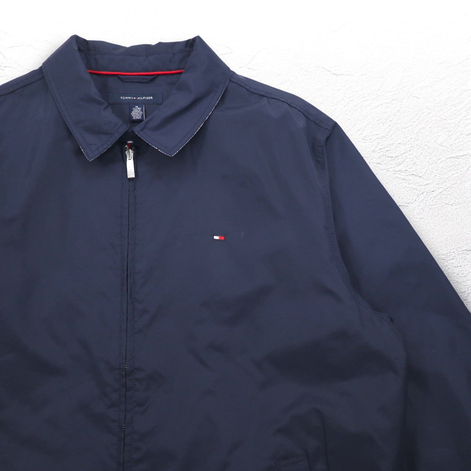 TOMMY HILFIGER Giacca Harrington con top swing, taglia XL, blu navy, nylon, fodera a quadri, logo ricamato