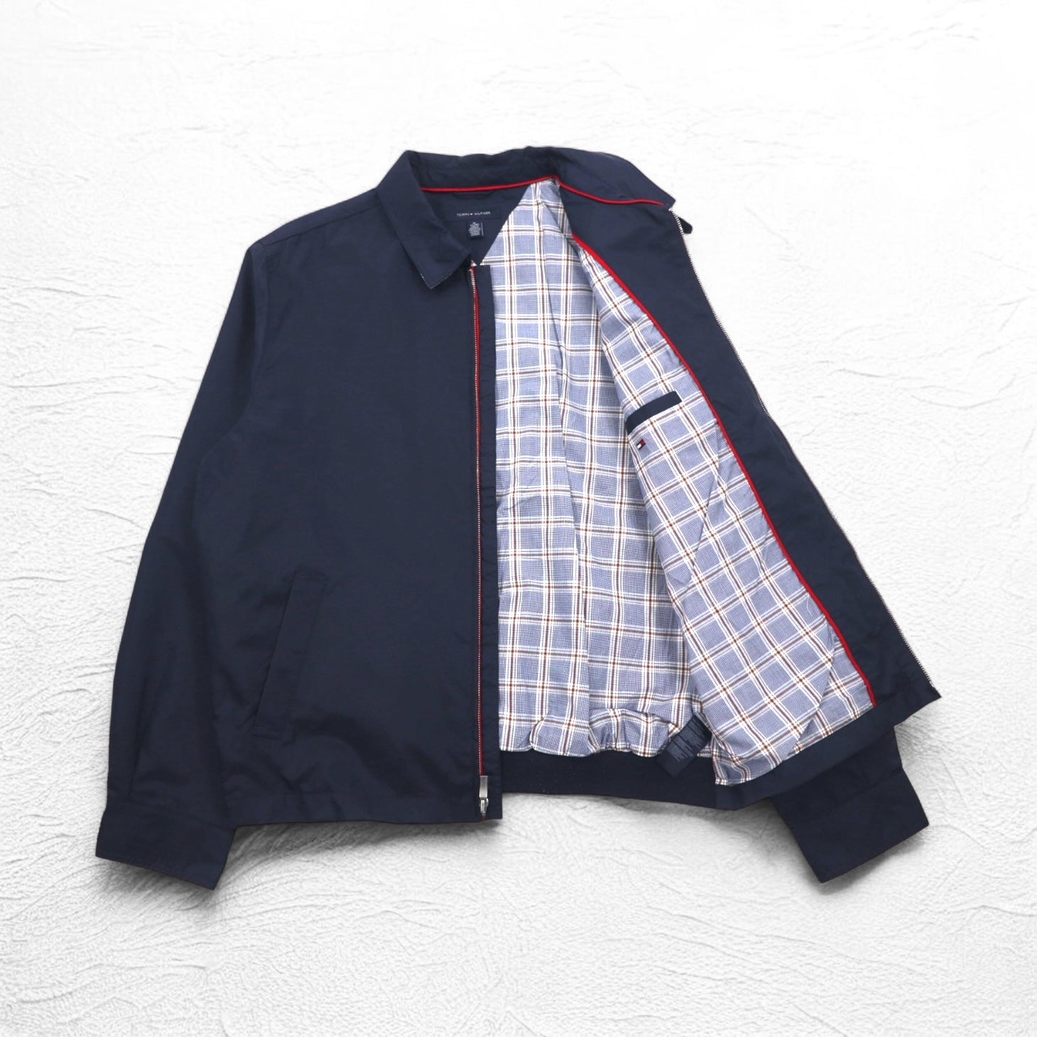 TOMMY HILFIGER Giacca Harrington con top swing, taglia XL, blu navy, nylon, fodera a quadri, logo ricamato