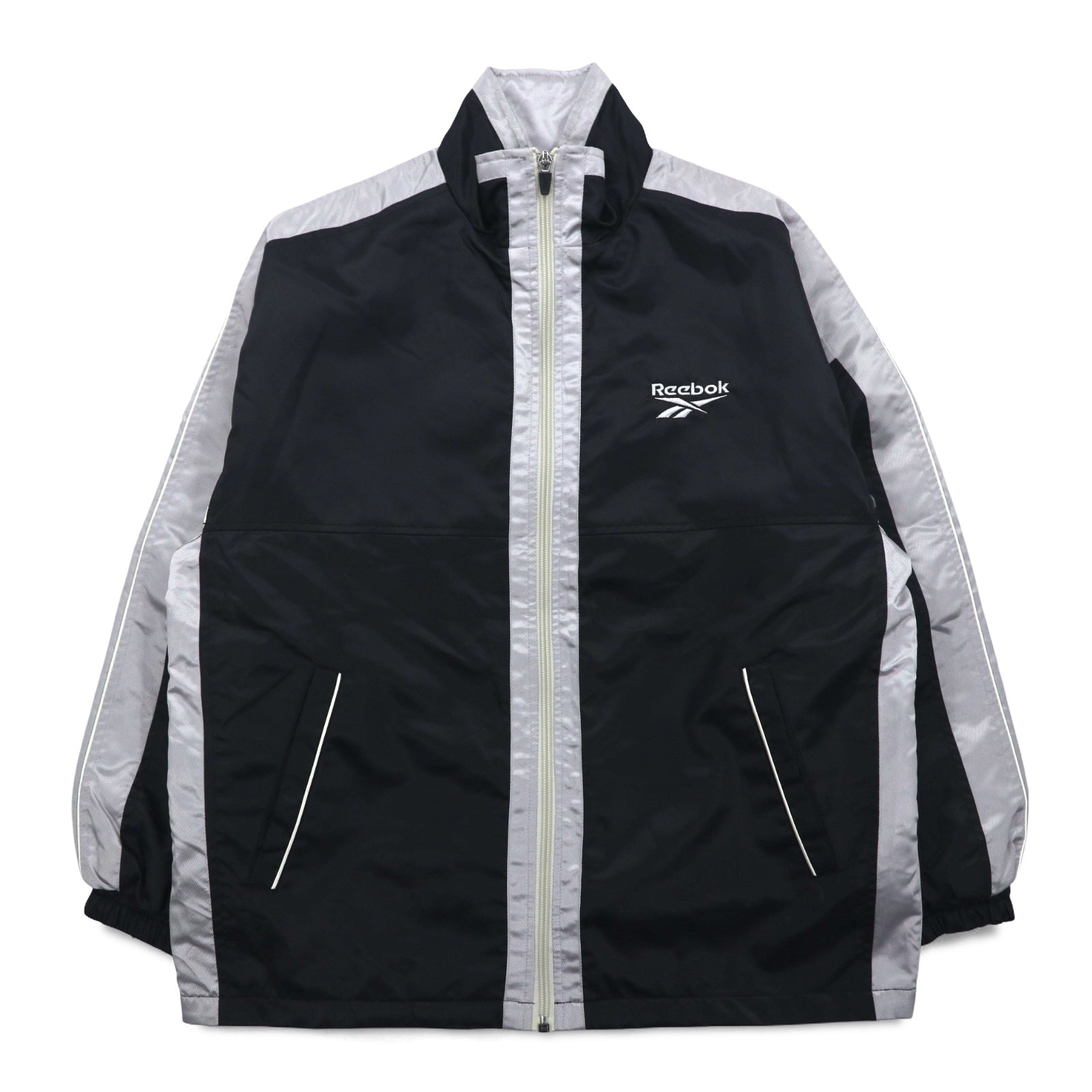 Reebok Giacca in nylon anni '90, giacca da pista, tuta sportiva, L, nero, grigio, logo ricamato