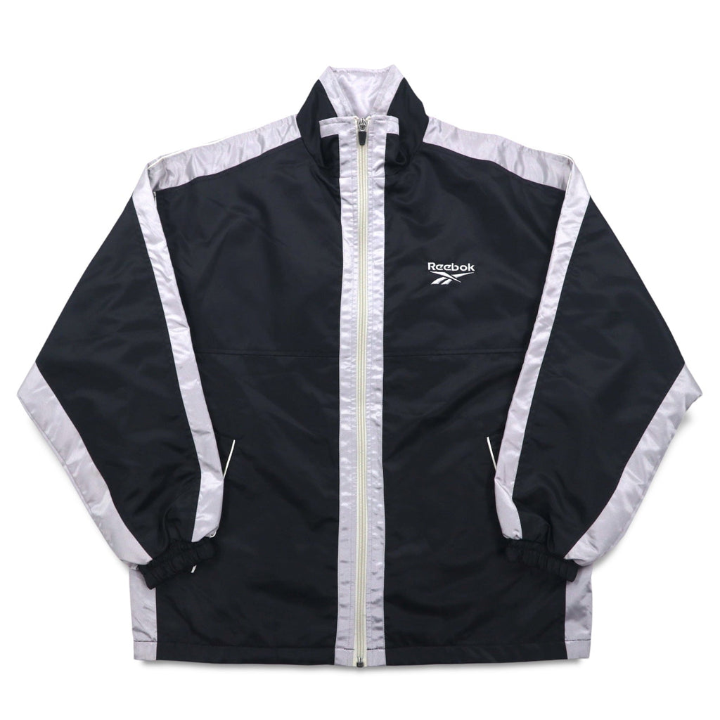 Reebok Giacca in nylon anni '90, giacca da pista, tuta sportiva, L, nero, grigio, logo ricamato