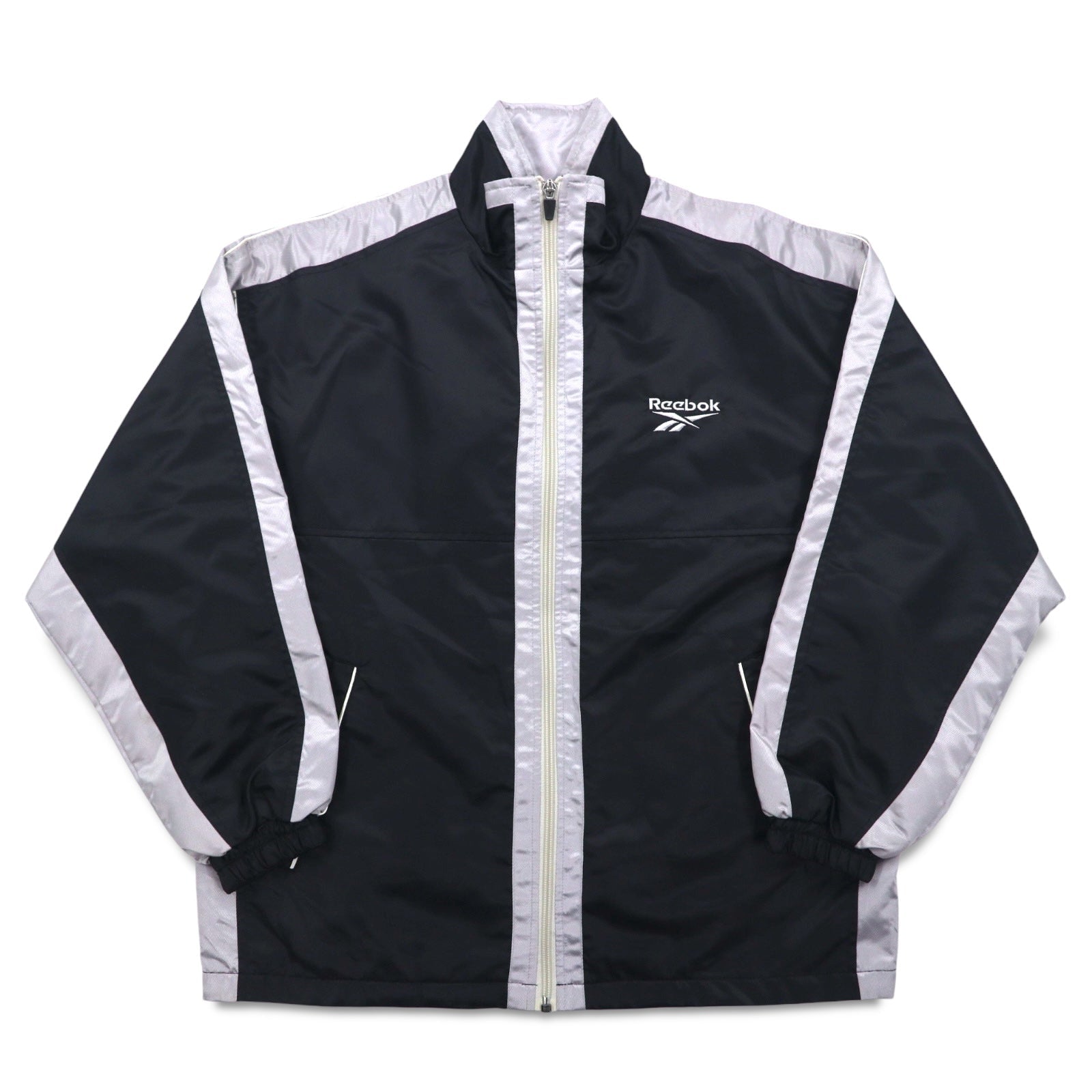 Reebok Giacca in nylon anni '90, giacca da pista, tuta sportiva, L, nero, grigio, logo ricamato