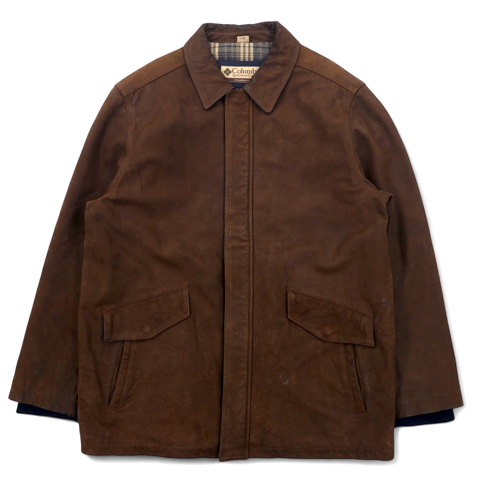 Columbia Anni '90 Giacca in pelle Car Coat L Marrone Fodera a quadri Prodotto in Pakistan